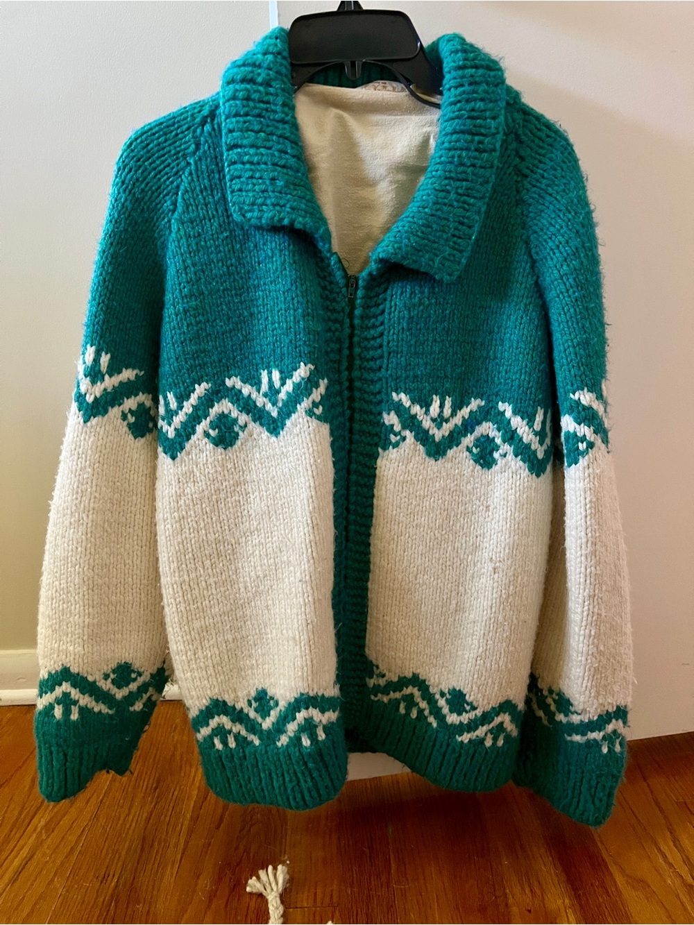 Chunky Teal and Cream Nordic-Pattern Women's Cardigan Sweater